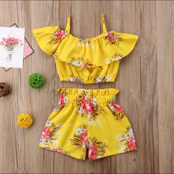 Kids Baby Girl Off The Shoulder Floral Set Outfit - Picture 5 of 7
